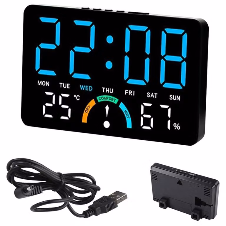 Orologio da parete a LED con sveglia, indicatore di temperatura e data, dimensioni 16x10x3,3 cm