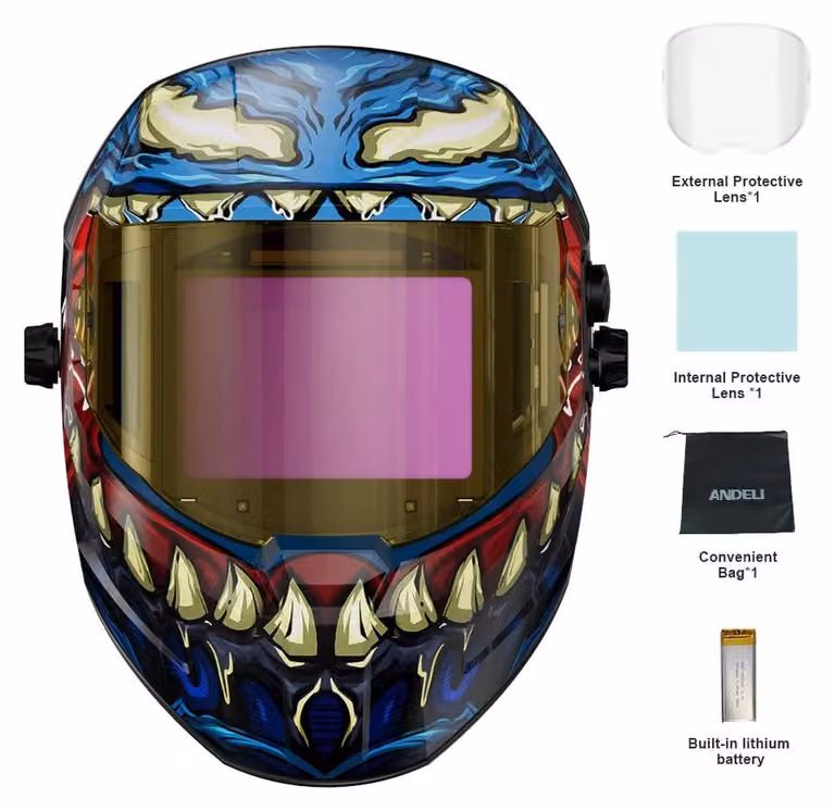 Maschera per saldatura - OPTIM Casco per saldatura - Oscuramento automatico - Alimentazione solare e a batteria - Regolazione digitale della sensibilità - Visiera laterale - Blu scuro
