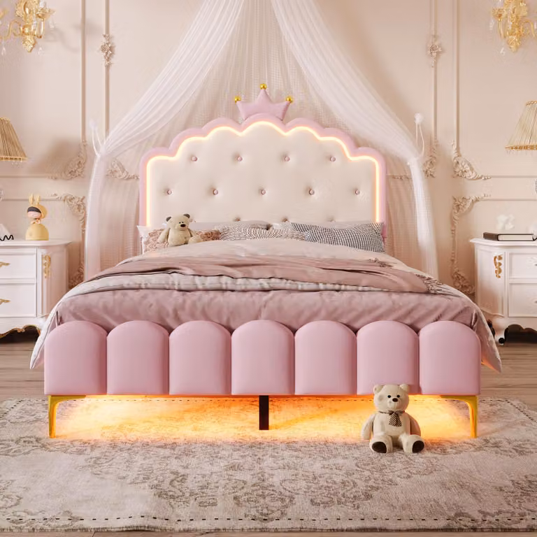 Letto imbottito 140 x 200 cm con rete a doghe, illuminazione LED d'ambiente, testiera a forma di , rivestimento in PU, piedi in metallo, colore rosa