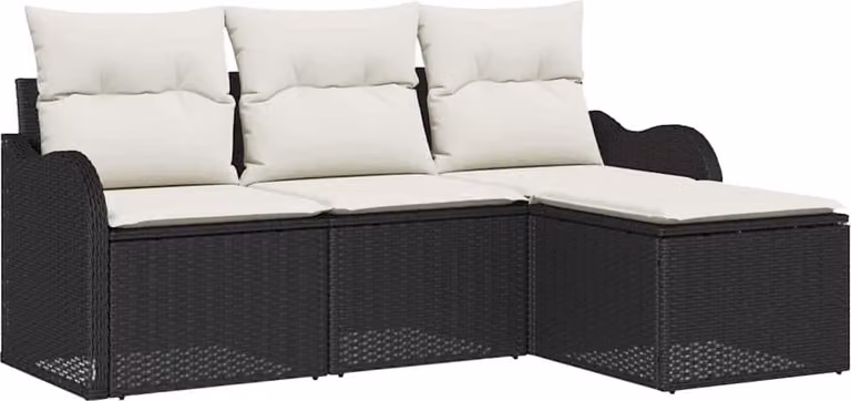Set Divano da Giardino con cuscino 4 pcs Nero Poly Rattan