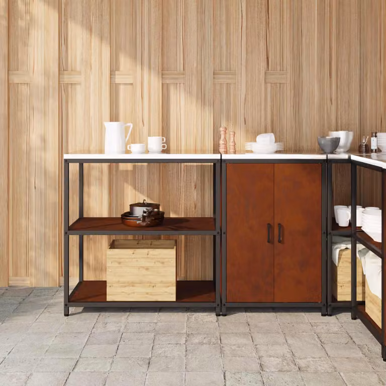 Set di stoccaggio per cucina e giardino vidaXL HATTEM in metallo marrone con ante a battente e ripiani interni