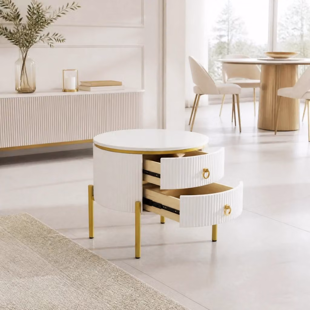 Tavolino da salotto rotondo MODFU in MDF bianco e oro con gambe regolabili e finitura lucida – 2