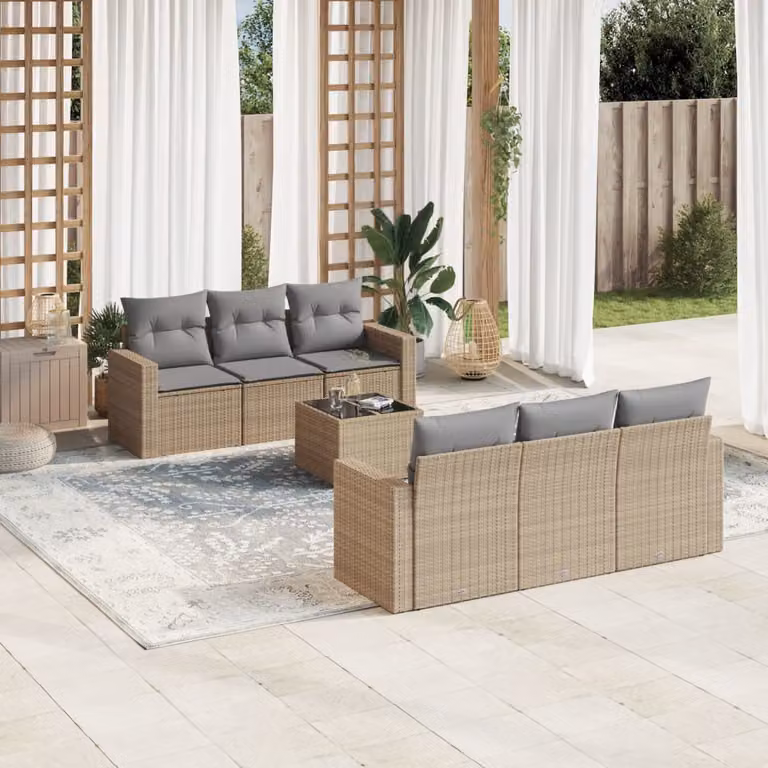 vidaXL Set Divani da Giardino 7 pz in Polyrattan con Cuscini Beige e Tavolino da Esterno