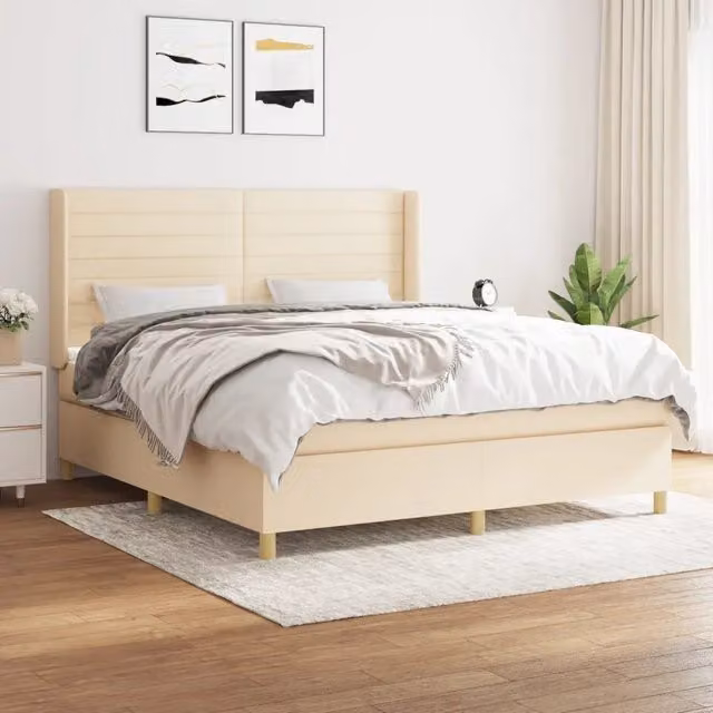 Letto Ibrido vidaXL con Giroletto a Molle e Materasso in Tessuto Beige e Bianco L/P/H: 160 x 200 x 163 cm