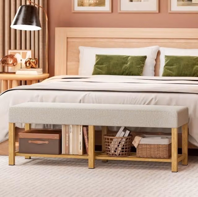Panca portascarpe 140x44x48 cm crema e legno, seduta imbottita 2 posti, vano aperto,