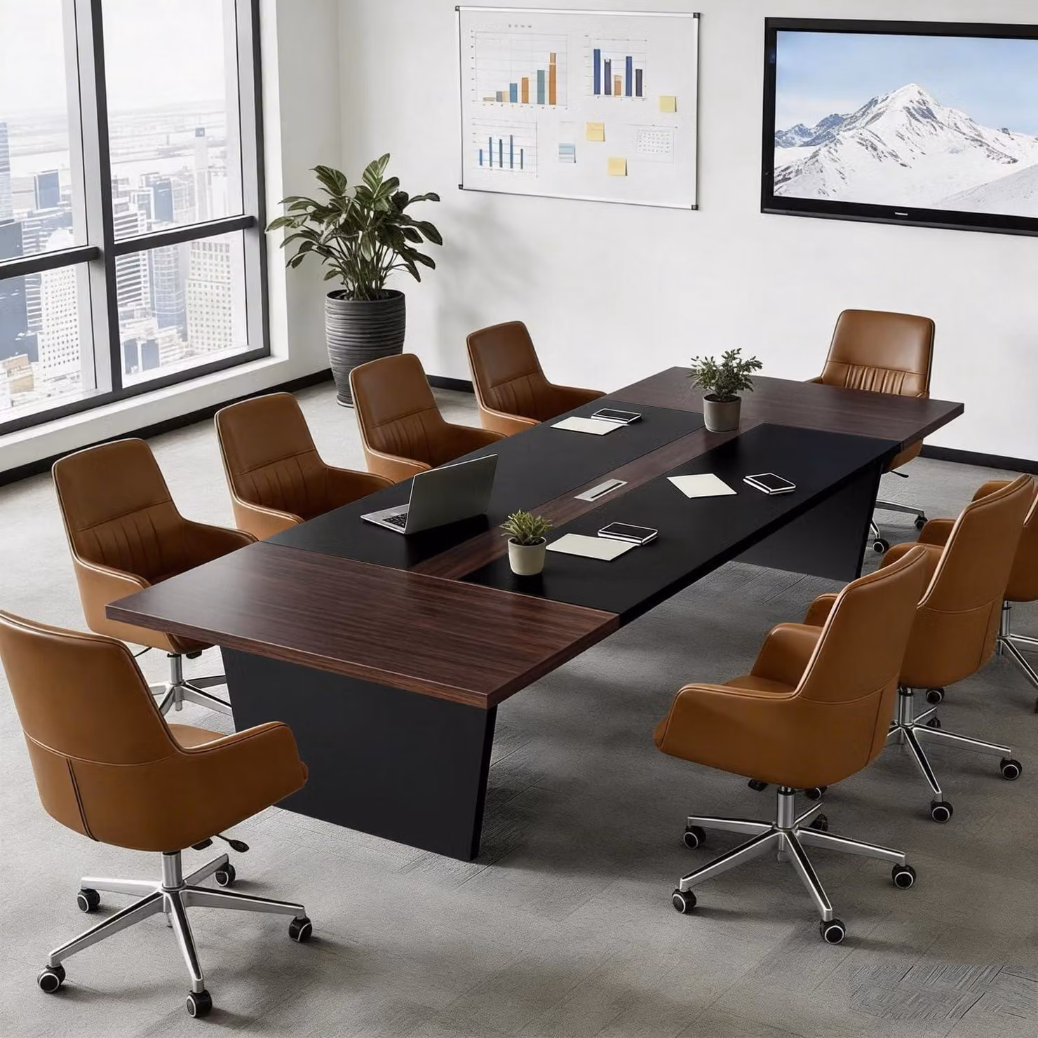 Tavolo da conferenza per ufficio, dimensioni 360x120x74 cm, colore nero e bianco, piano del tavolo spesso 2,5 cm