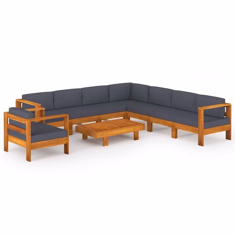 Set Divani Giardino 9 Posti Cuscini Grigi Scuro Massello Acacia