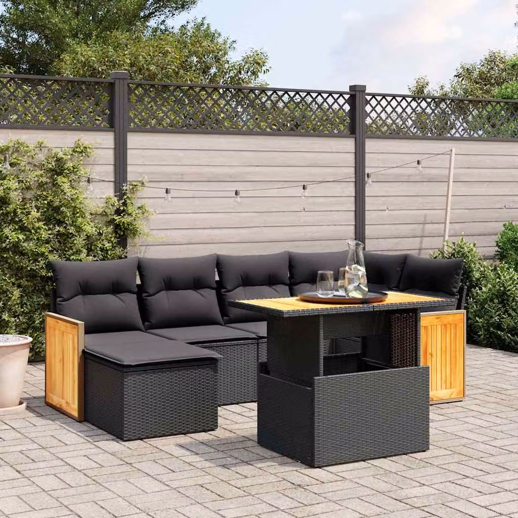 vidaXL Set Divani da Giardino Moderno in Polyrattan Nero con 7 Cuscini e Tavolino da Esterno – 1