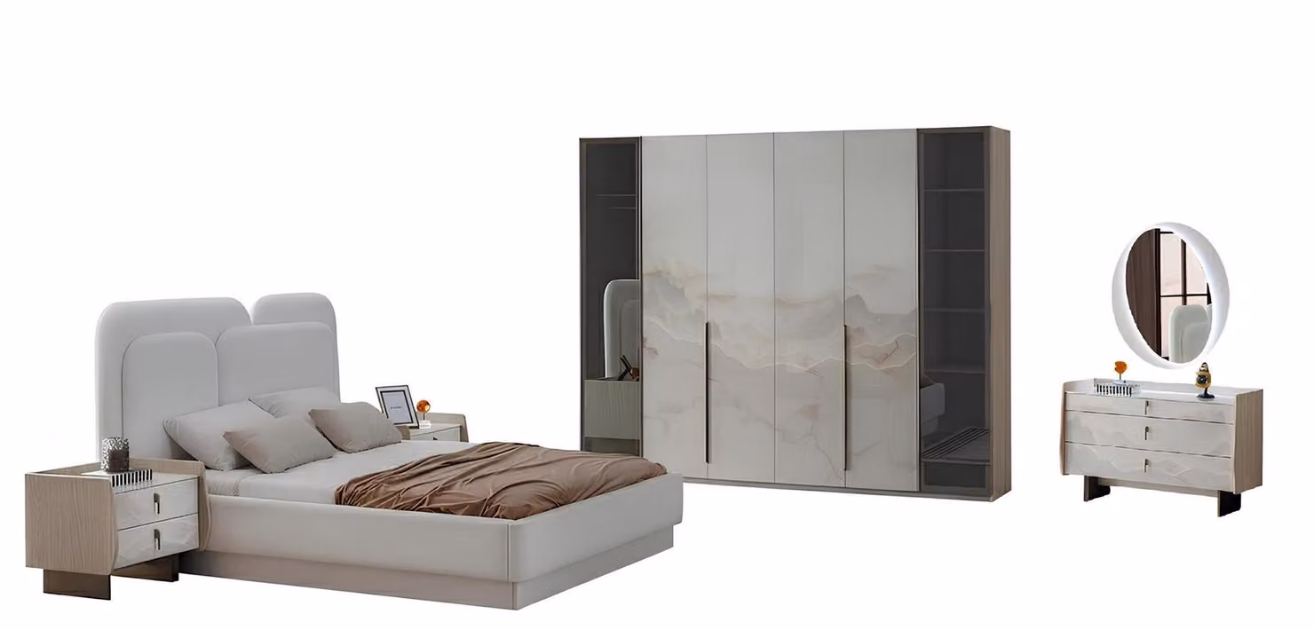 Set da camera da letto: comodino, letto, armadio, cassettiera, specchio, bianco