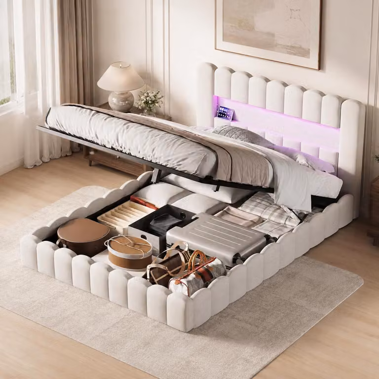 Letto imbottito INONEFT modello Bubble, dimensioni 140x200 cm, con spazio contenitore ad apertura idraulica, letto per ragazzi con illuminazione LED e prese USB, senza materasso, colore: lino, beige