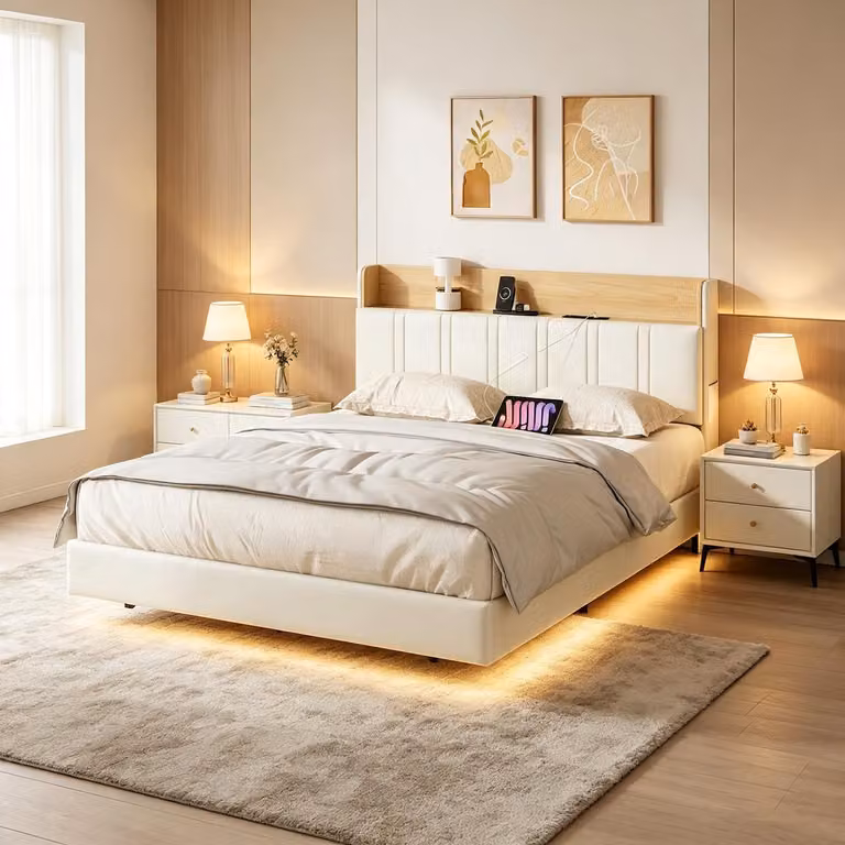 Letto con rete a molle INONEFT, 140x200 cm, con LED e porta USB, letto imbottito con spazio contenitore, letto a due piazze per giovani con testiera, colore bianco, rivestito in PU.