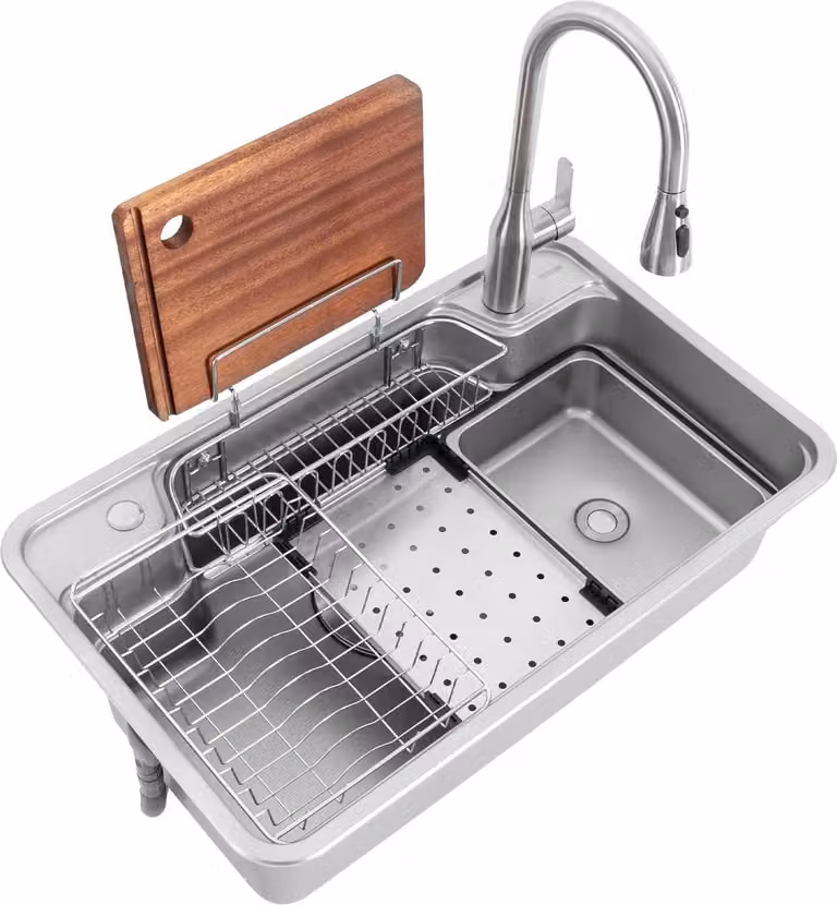 Lavello da cucina in acciaio inox - Vasca singola rettangolare - 74×44 cm - 3 tipi di getto d'acqua - Rubinetto girevole a 360° - Da appoggio/sottopiano/a filo - Argento