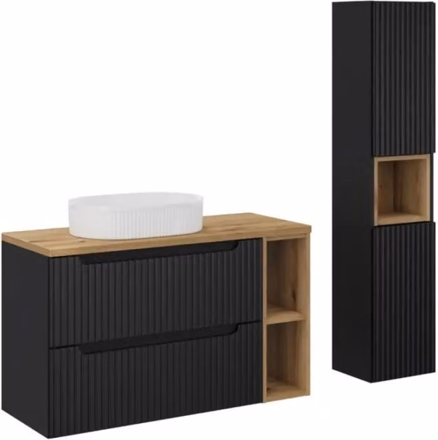 Set VANO 130cm: mobili sotto lavabo con nicchie visibili a cassetti + piano per lavabo + lavabo da appoggio + colonna