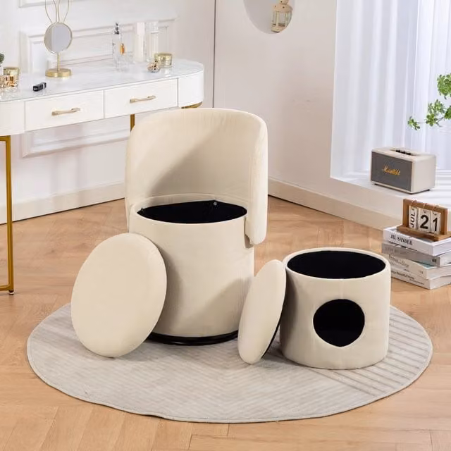 Poltrona girevole 360 OKWISH in velluto a coste beige con vano contenitore integrato per camera da letto o zona lounge – 1