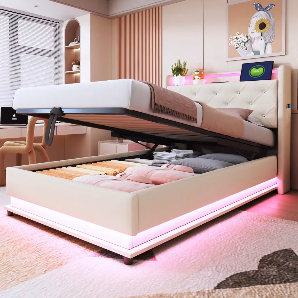Letto singolo con contenitore Chicfurn in lino beige con illuminazione LED e porte USB/Type-C L/P/H: 90 x 200 x 108 cm – 2