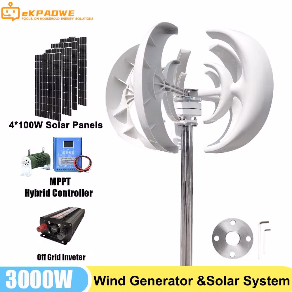Generatore eolico da 3000W con pannello solare - 48V - Asse verticale - Bianco