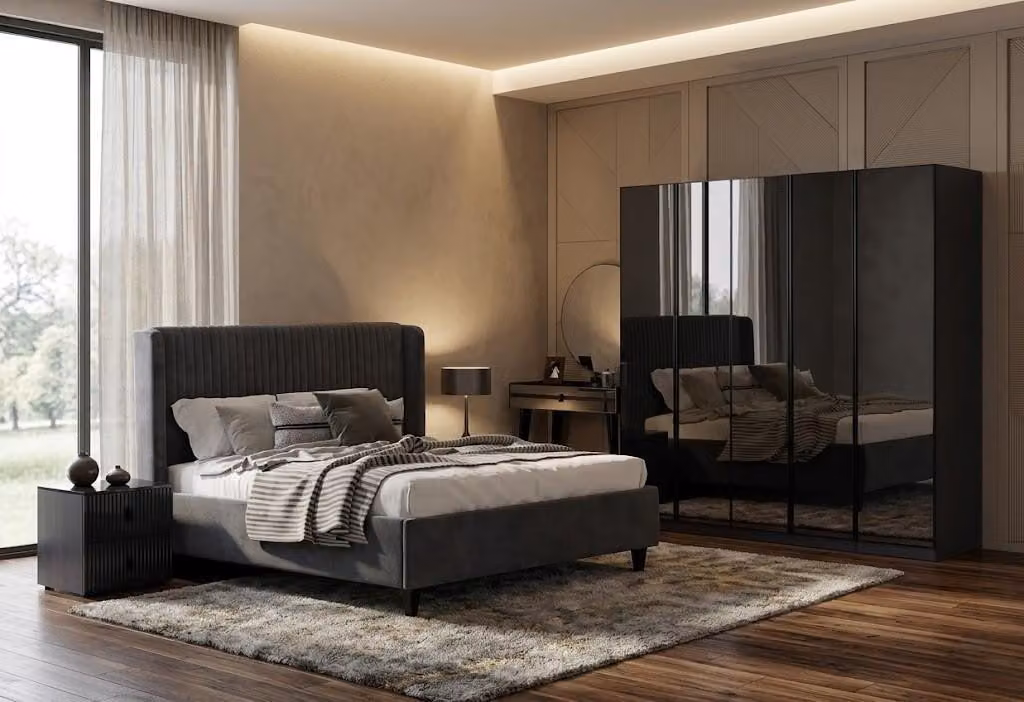 Set da camera da letto: letto e armadio, moderno, nero, pratico