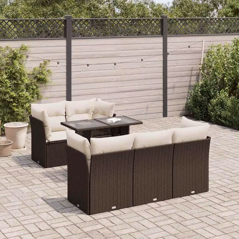 Set Divano da Giardino vidaXL 6 pz a Forma a L con Tavolino in Vetro e Cuscini, Marrone e Bianco