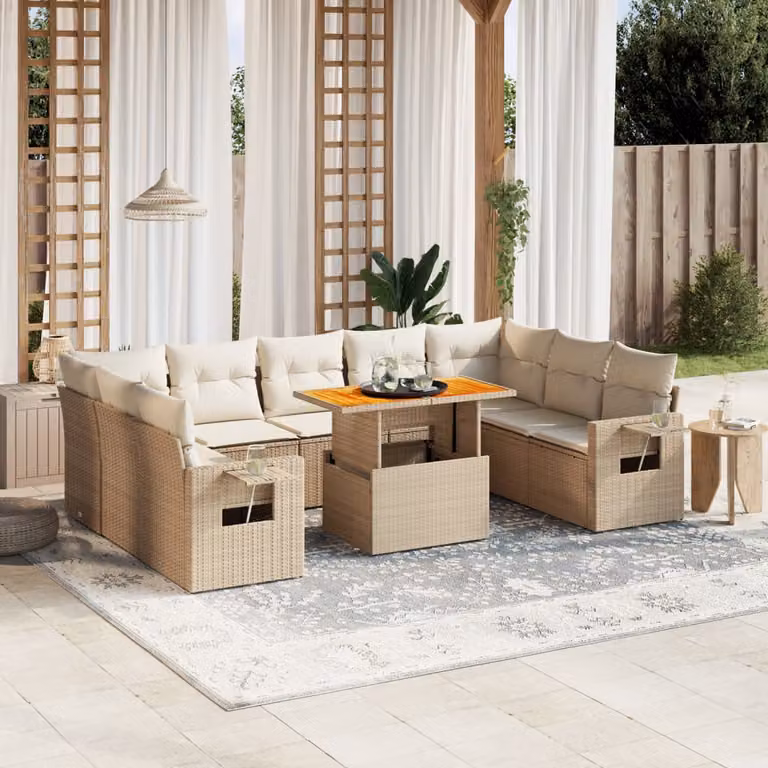 vidaXL Set Divano da Giardino a L 10 pz in Polyrattan con Cuscini Beige e Tavolino da Esterno