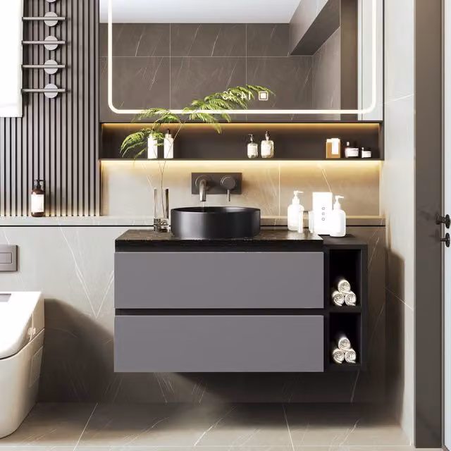 Mobile sospeso per lavabo LY in MDF con lavabo in ceramica e cassetti, design moderno, Nero + Grigio, L: 80 cm, P: 44 cm, H: 60,5 cm