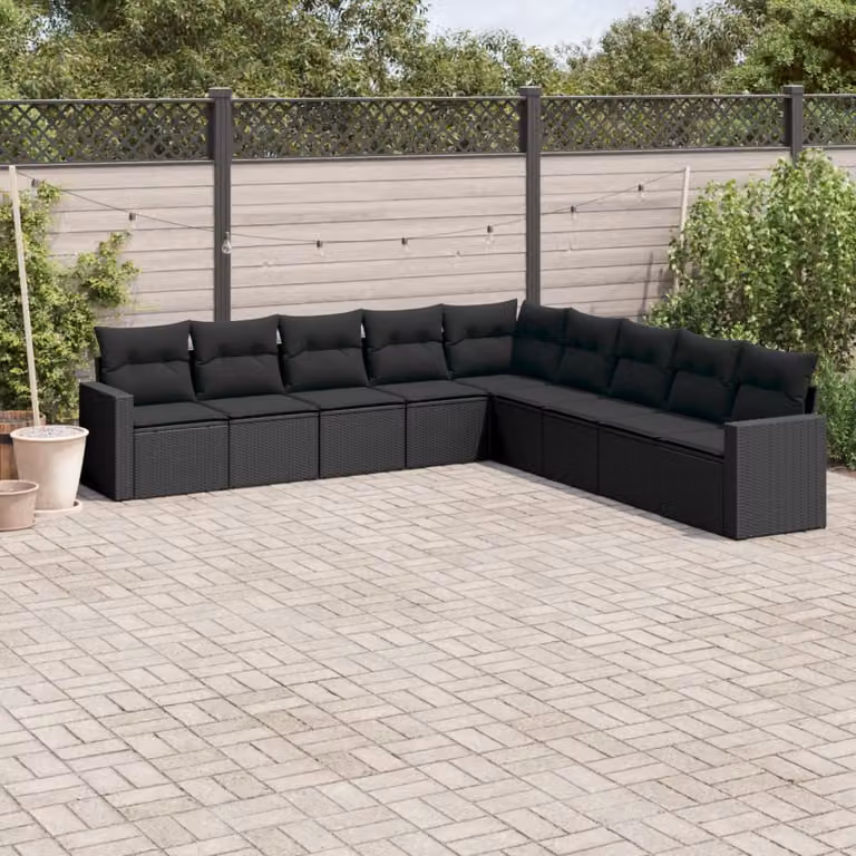 vidaXL Set Divani da Giardino a L 9 pz in Polyrattan Nero con Cuscini Imbottiti e Coperture Rimovibili