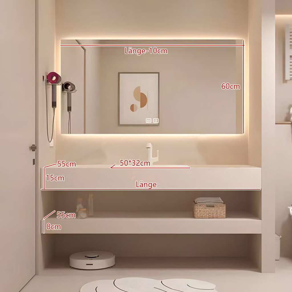 360Home Mobile da bagno con lavabo e specchio in beige Lavabo in Vetroceramica con ripiano 120 cm