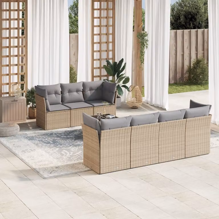 vidaXL Set Divano da Giardino 8 pz a Forma a L con Cuscini Beige e Tavolino in Vetro