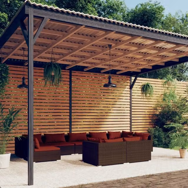 Set di divani da giardino a L vidaXL in rattan marrone con cuscini inclusi e struttura in acciaio verniciato a polvere