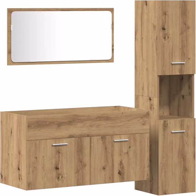 Set Mobili da Bagno Moderno in Legno e Vetro Marrone con Mobile Lavabo e Armadietto Specchio a Parete L: 90 cm, P: 38,5 cm, H: 46 cm