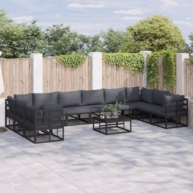 Set Divano da Giardino a L vidaXL in Alluminio Verniciato Nero con Cuscini Inclusi