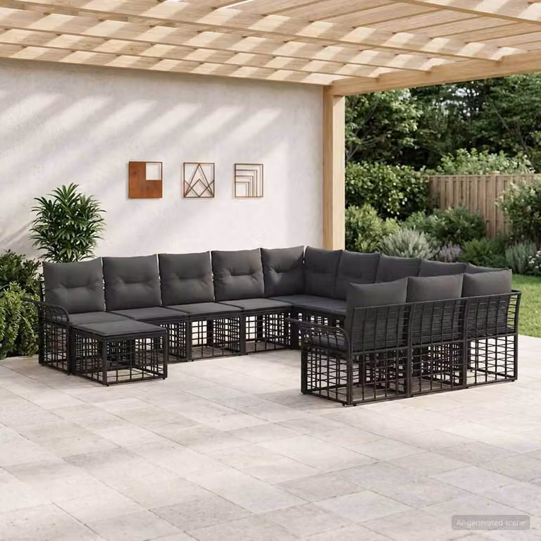 Set Divano da Giardino vidaXL 12 Pezzi a Forma di U in Polyrattan con Cuscini, Nero e Grigio