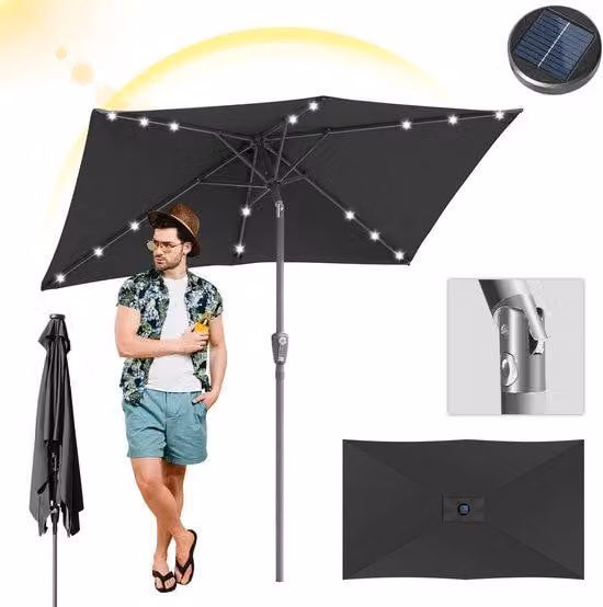 Ombrellone da esterno per terrazza, dimensioni 1,4 x 2,1 metri, con illuminazione a LED – struttura in acciaio, resistente ai raggi UV, colore grigio