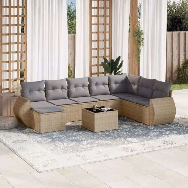 Set Divano da Giardino 9 pz con Cuscini Beige in Polyrattan 3221768