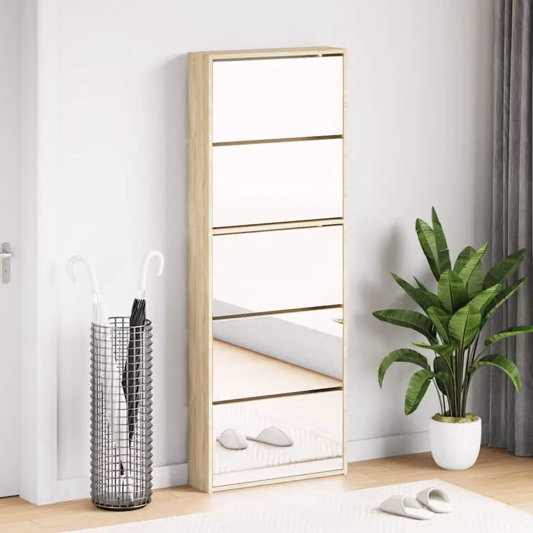 Scarpiera moderna vidaXL in legno color rovere con specchio su ante, L: 63 cm, P: 17 cm, H: 169,5 cm