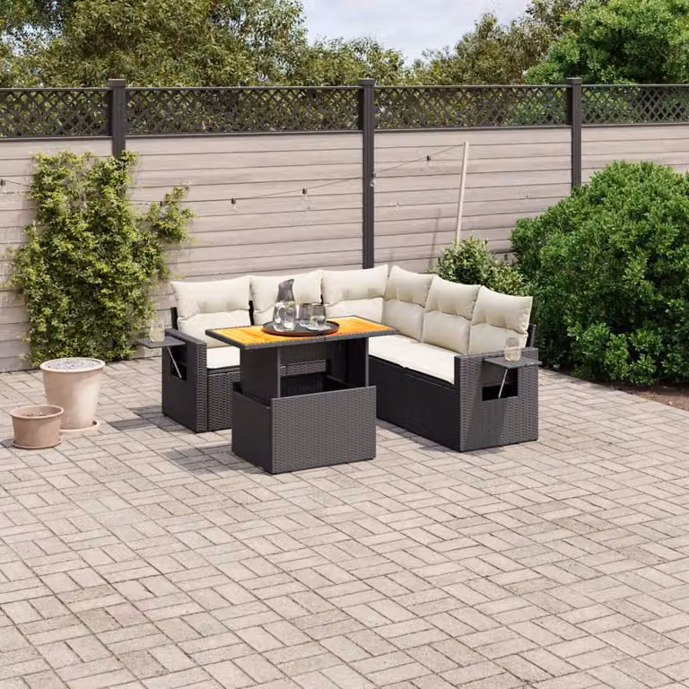 Set Divano da Giardino a L vidaXL in Polyrattan Nero con Cuscini e Tavolino da 6 Pezzi