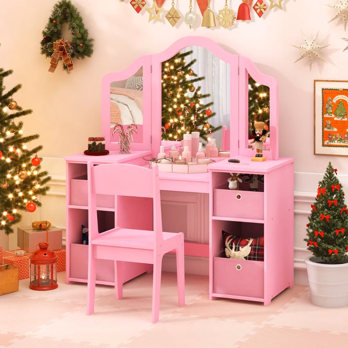 Set da gioco principessa Costway con toeletta da trucco, sgabello e 3 specchi rimovibili, colore rosa