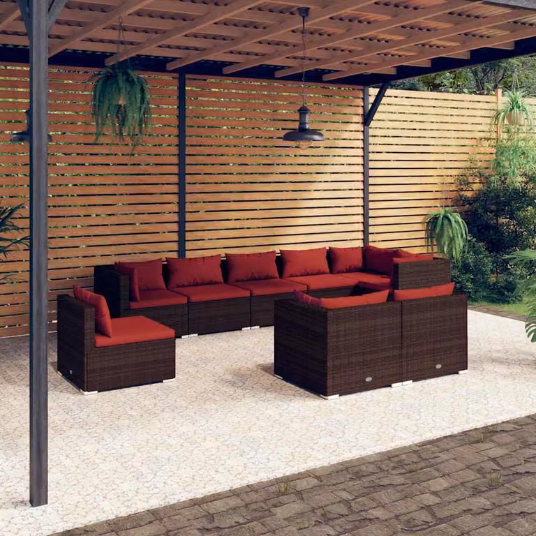 Set di divani da giardino vidaXL 9 pz in rattan marrone con cuscini rimovibili e struttura in acciaio