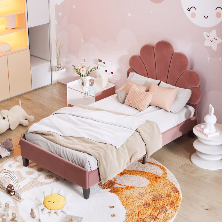 Letto imbottito STILVORA 90x200, lettino per bambini in velluto, struttura con testiera a forma di fiore, letto per ragazzi con rete a doghe, senza materasso, rosso fagiolo