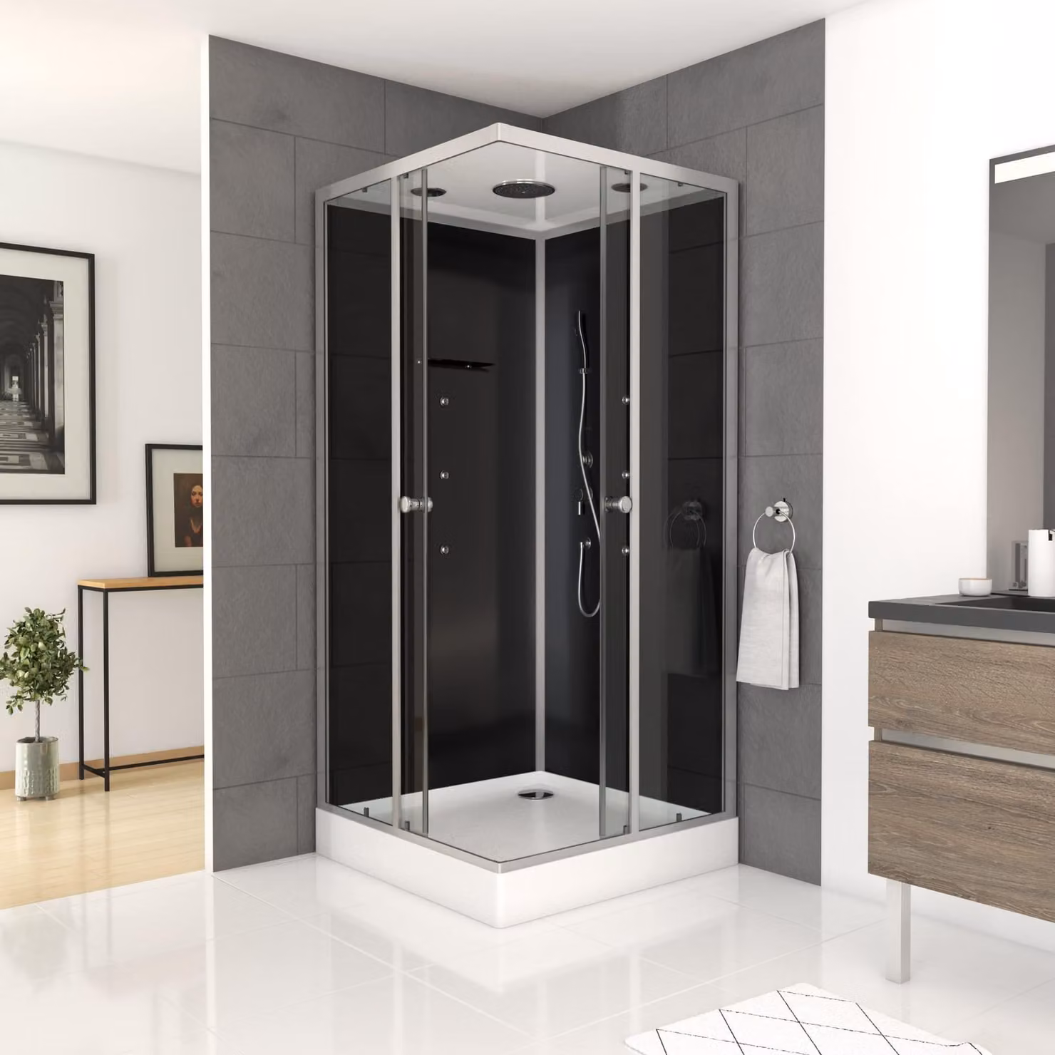 Cabina doccia completa MARWELL Cabina doccia completa Black Square 90 x 90 x 215 cm - Doccia ad angolo con accesso angolare - Cabina doccia con profili in alluminio di alta qualità - Altezza di accesso 15 cm