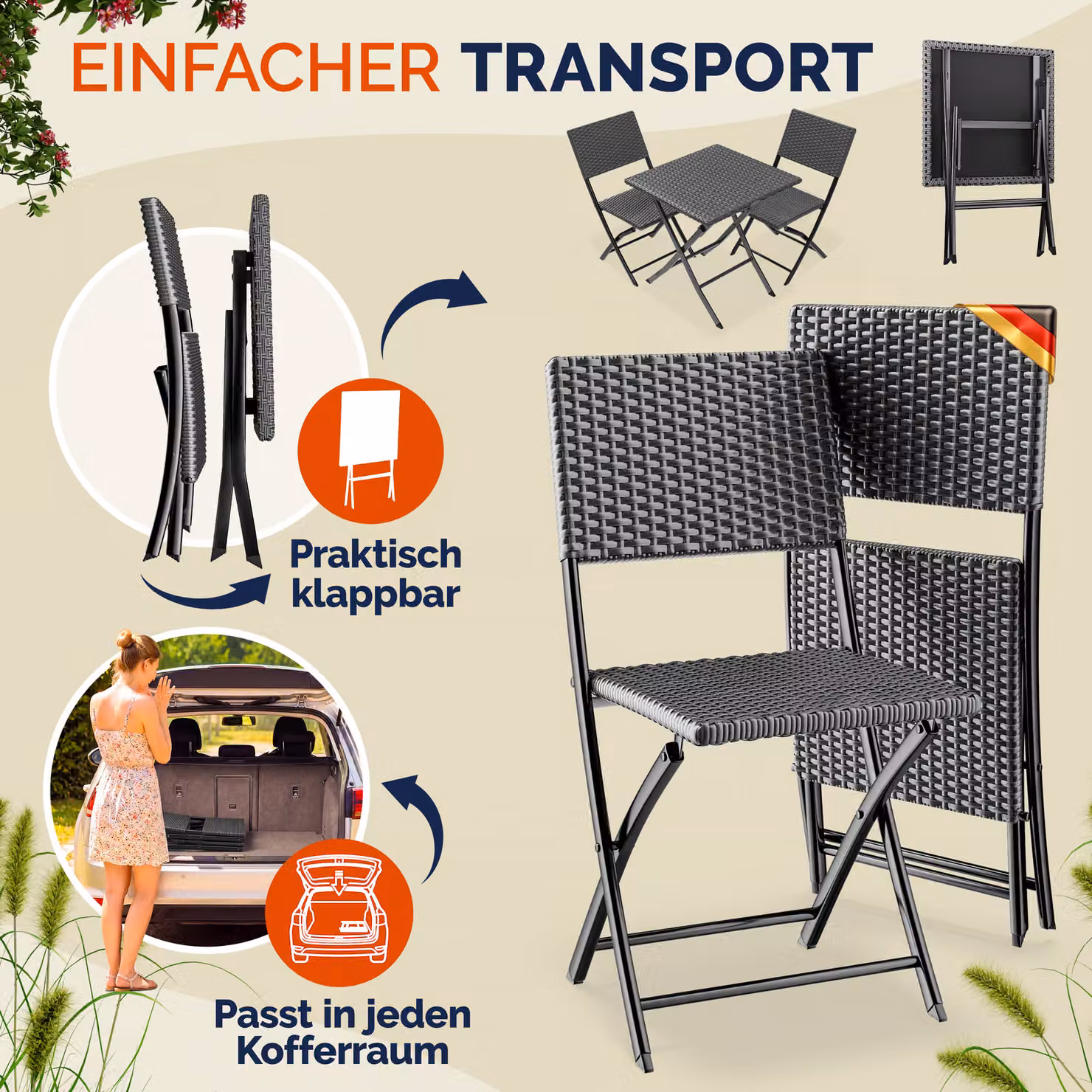 Set da esterno Casaria® in polyrattan nero composto da 3 pezzi pieghevoli per balcone e giardino – 2