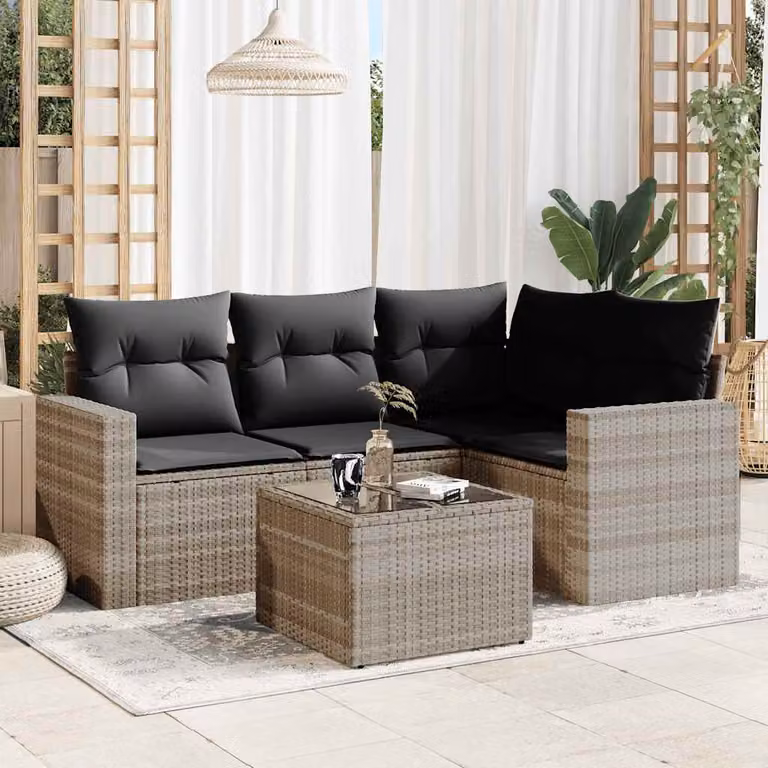 vidaXL Set Divano da Giardino a L 5pz in Polyrattan Grigio con Cuscini e Tavolino