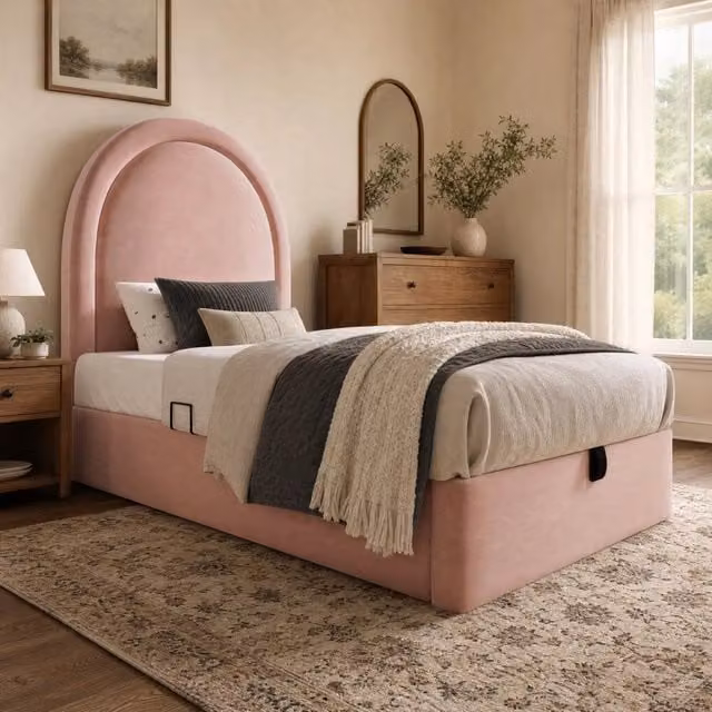 Letto contenitore Mivray con rete a doghe e testiera imbottita in velluto rosa, L/P/H: 90 x 190 x 91 cm