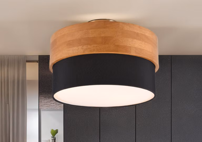 Lampada da soffitto in legno con paralume in tessuto nero, Ø 30 cm