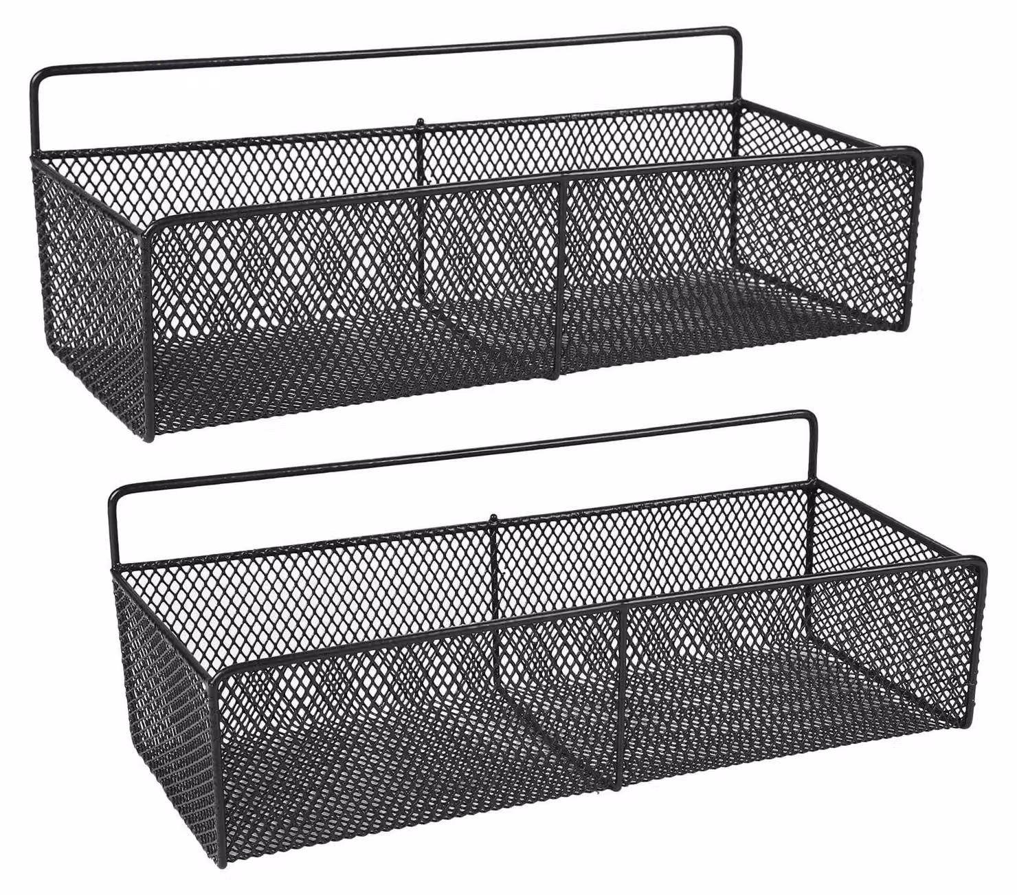 Set di 2 cesti da parete - Scaffali da parete senza foratura - Cesti in filo per cucina/bagno - Cesti in metallo neri - 36x15,3x9 cm - Design a griglia aperto