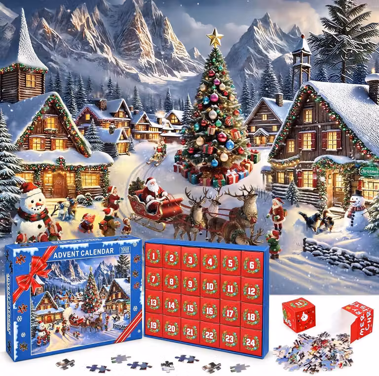 Puzzle da 1008 pezzi, calendario dell'Avvento a tema natalizio, con un'area sul retro per annotare i giorni (24 giorni)