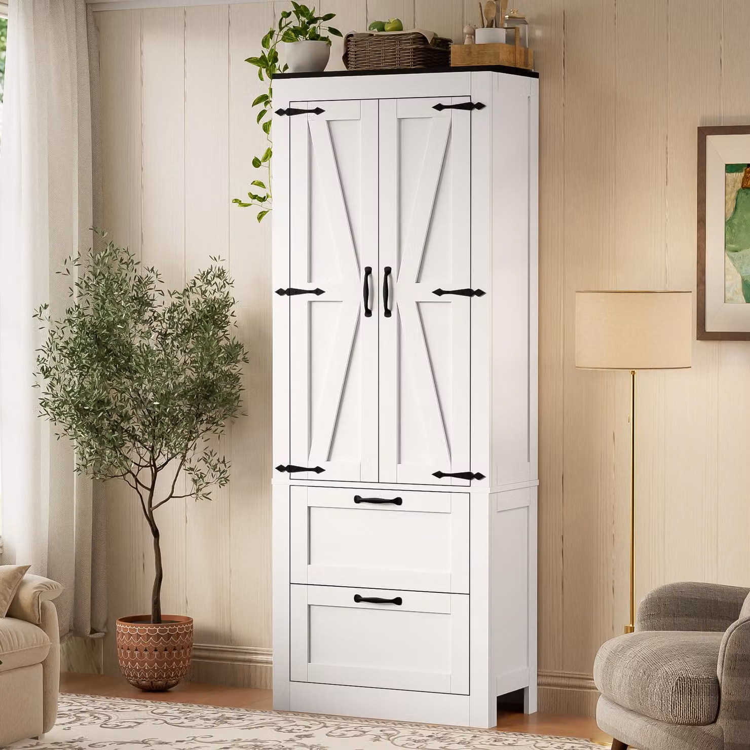 Mobiletto da cucina Flieks con ripiani regolabili, mobiletto alto con porta e cassetti, credenza con spazio contenitivo, dimensioni 60x30x168 cm, colore bianco, materiali: MDF e pannello di fibra a media densità