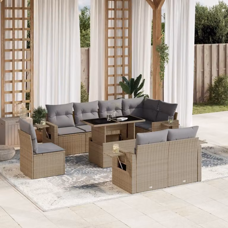 vidaXL Set Divano da Giardino 9 pz a Forma a L con Cuscini Beige e Tavolino in Vetro e Struttura in Metallo e Polyrattan