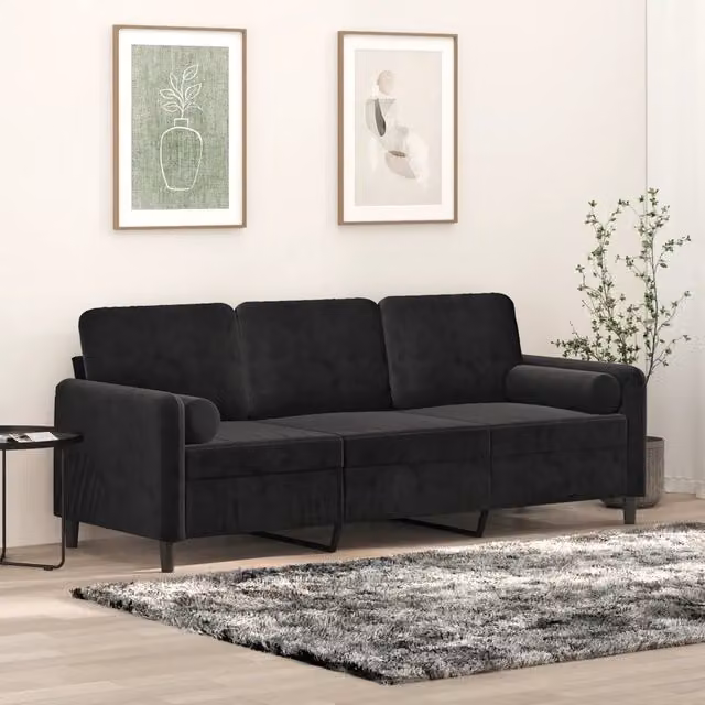 Divano a 3 posti moderno vidaXL in velluto nero con cuscini e coperture rimovibili L: 198 cm, P: 80 cm, H: 77 cm – 1