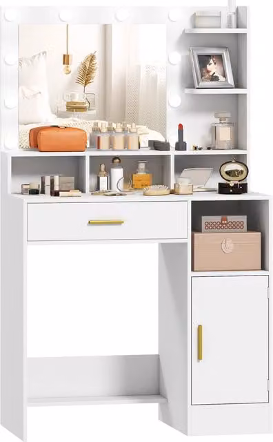 Scrivania Minimal con specchio e luci LED Hollywood, colore bianco e oro, L/P/H: 80 x 40 x 135 cm