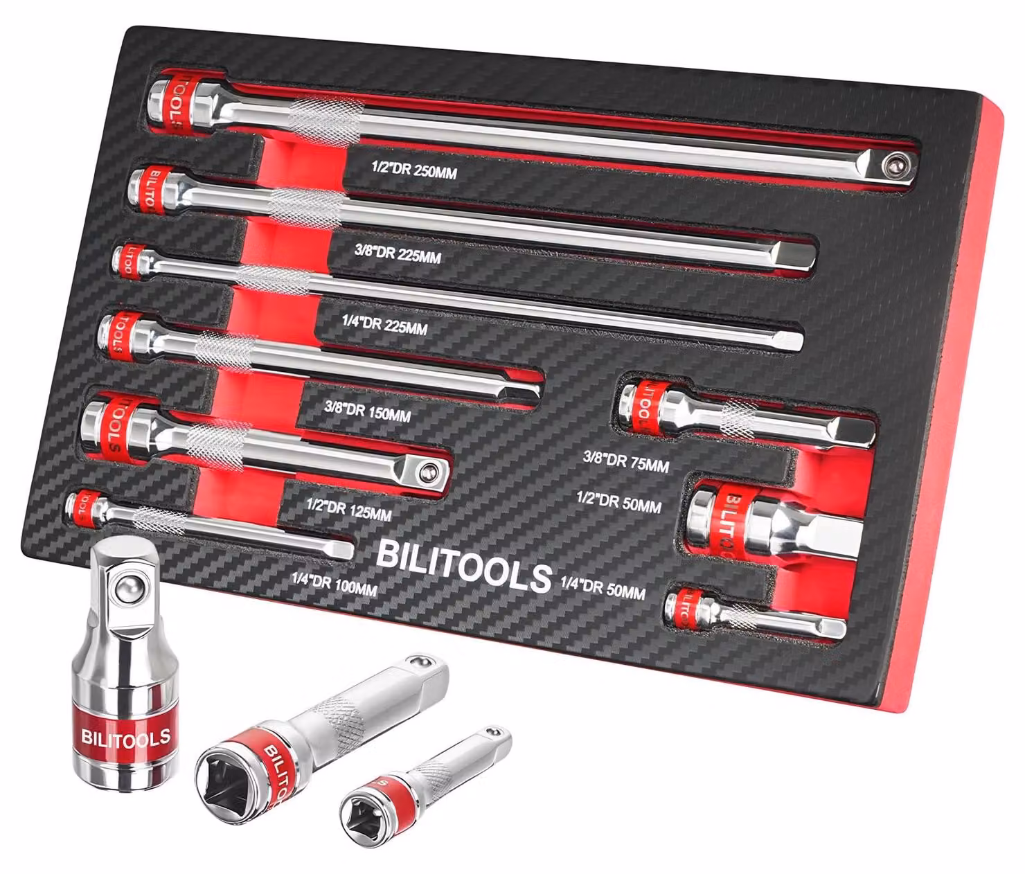 Set di prolunghe da 9 pezzi - attacco da 1/4, 3/8 e 1/2 - acciaio CR-V